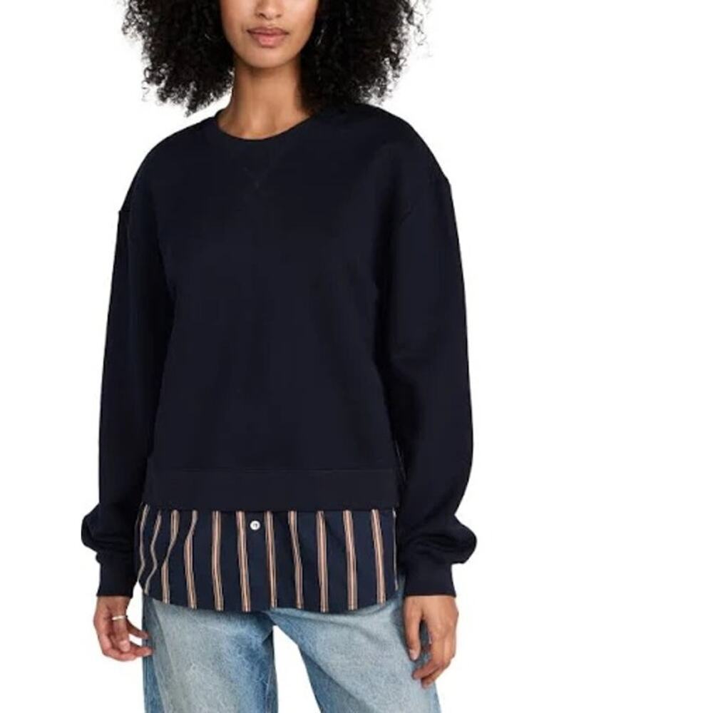 Jason Wu Crewneck Layered Sweatshirt Navy Red Stripe Shirt Detail Size Large